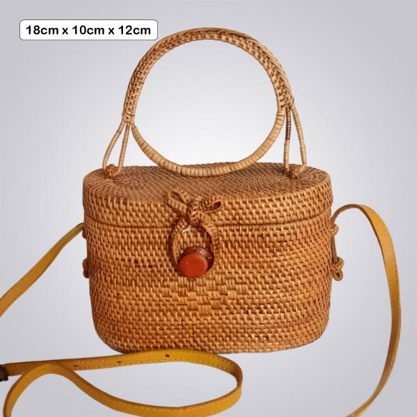 Oval Bamboo Handbag – Round Handle with Yellow Strap & Red Button Closure