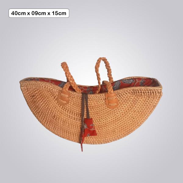 Large Curved Bamboo Tote – Braided Handles with Red Patterned Lining