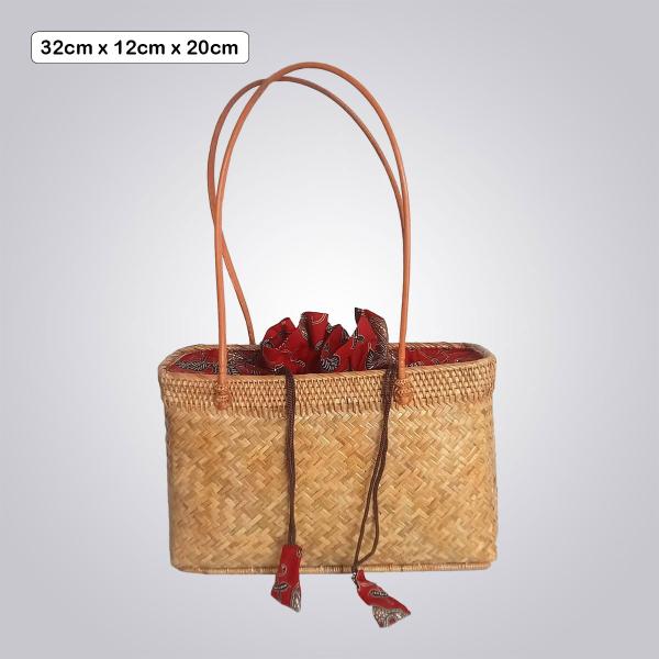 Tall Rectangular Bamboo Tote – Red Drawstring Closure with Long Leather-Look Handles