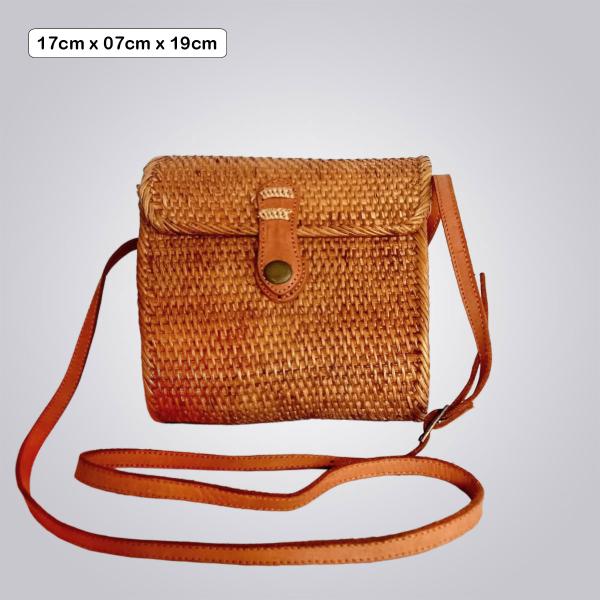 Mini Bamboo Crossbody Bag – Compact Square Design with Button Flap and Adjustable Strap
