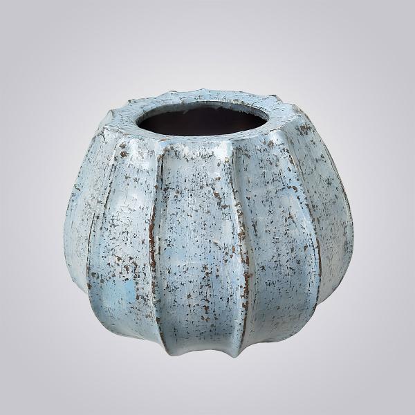 Vintage Blue Decorative Pot – Distressed Finish with Ribbed Pumpkin Shape