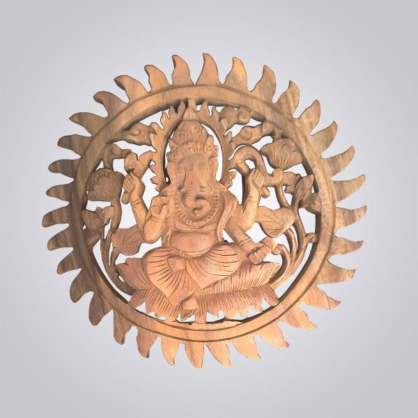 Hand-Carved Wooden Ganesha Wall Art – Sacred Sunburst Mandala Design