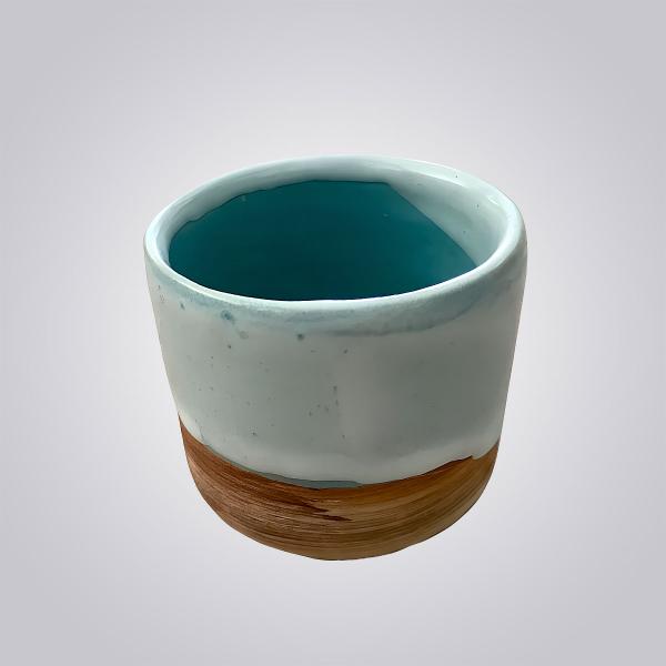 Handcrafted Ceramic Pot – Teal Interior with White Glaze & Woodgrain Base