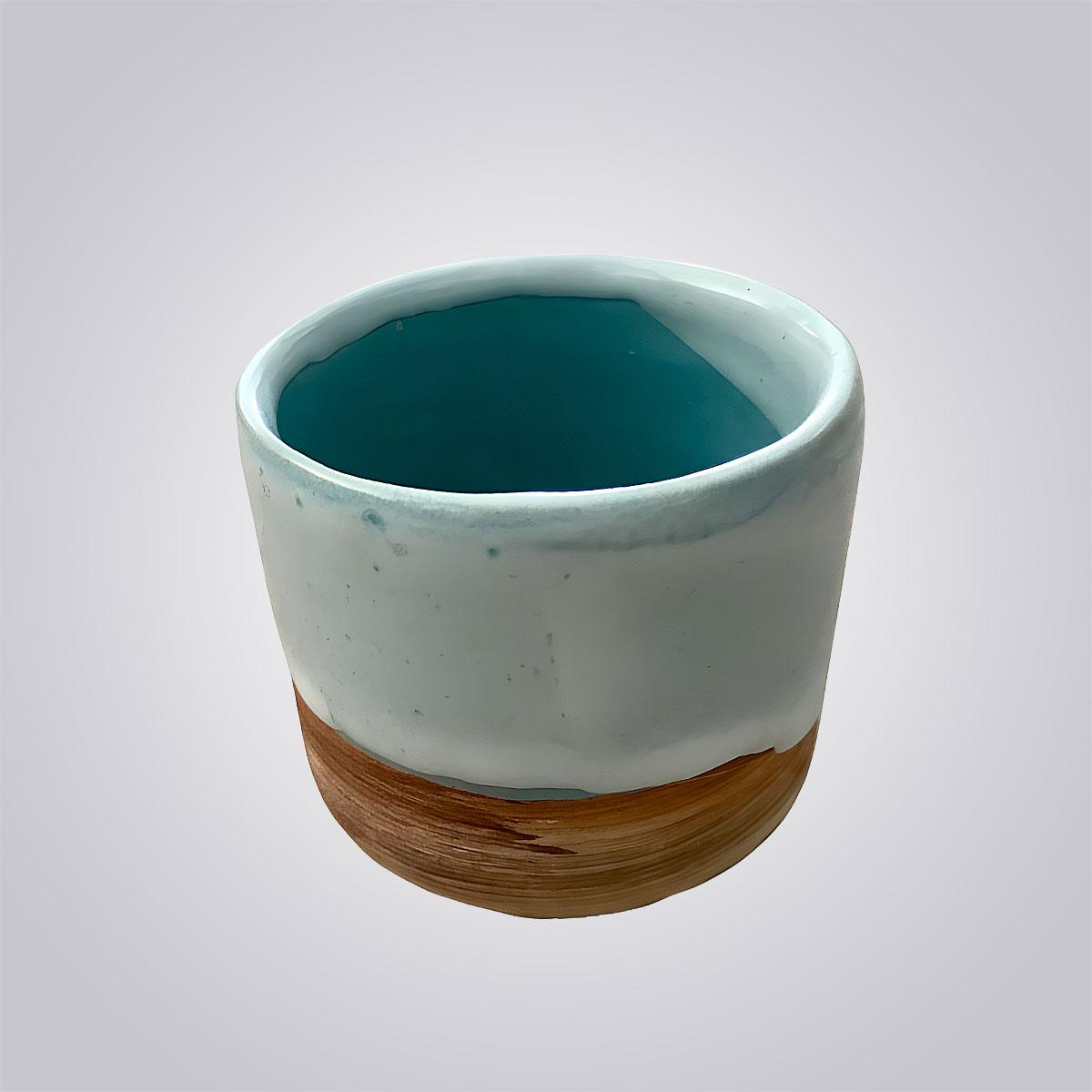 Handcrafted Ceramic Pot โ Teal Interior with White Glaze & Woodgrain Base