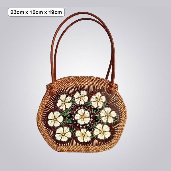 Floral Bloom Hand-Painted Bamboo Bag – Round Woven Handbag with Leather Straps