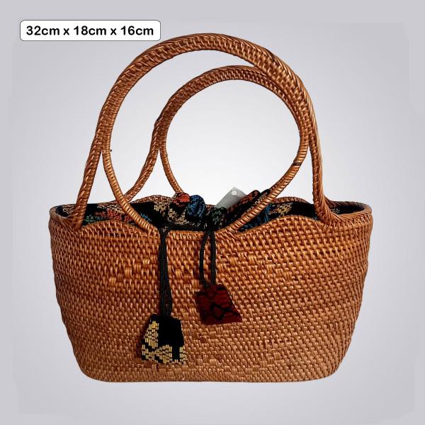 Handwoven Bamboo Tote Bag – Double Handle with Colorful Drawstring Lining