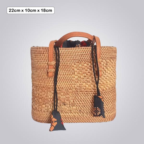 Compact Handwoven Ketak Tote – Leather Handles with Batik Drawstring Lining